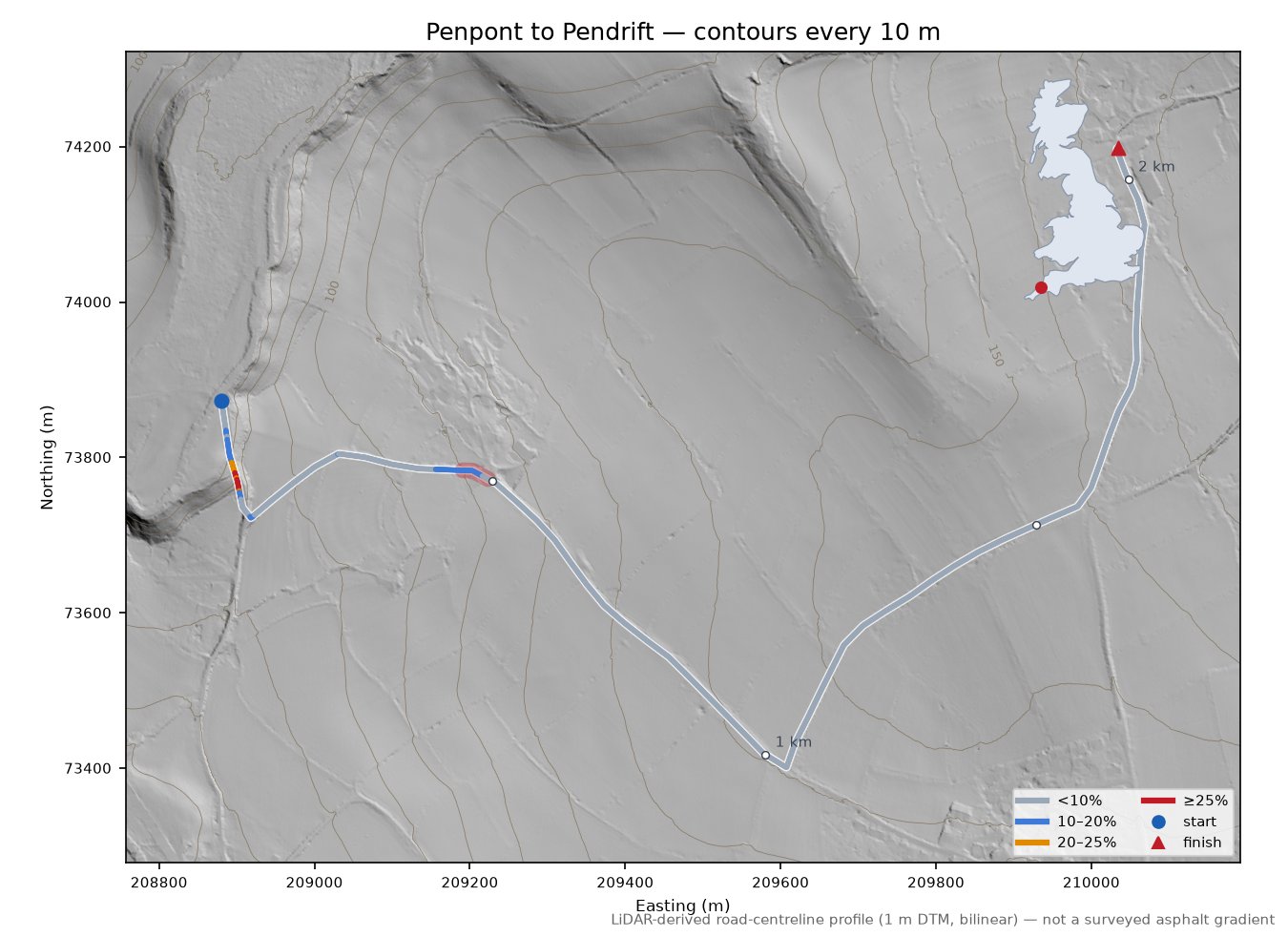 Penpont to Pendrift LiDAR hillshade map with contours
