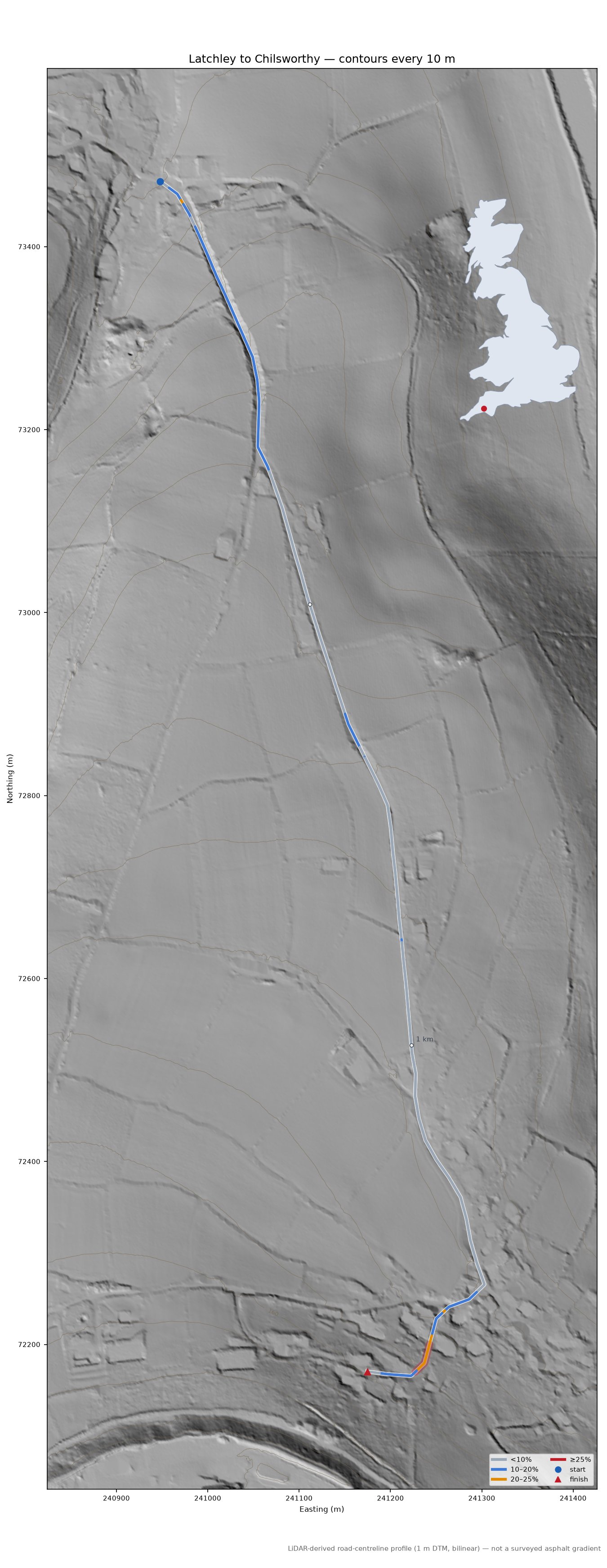 Latchley to Chilsworthy LiDAR hillshade map with contours