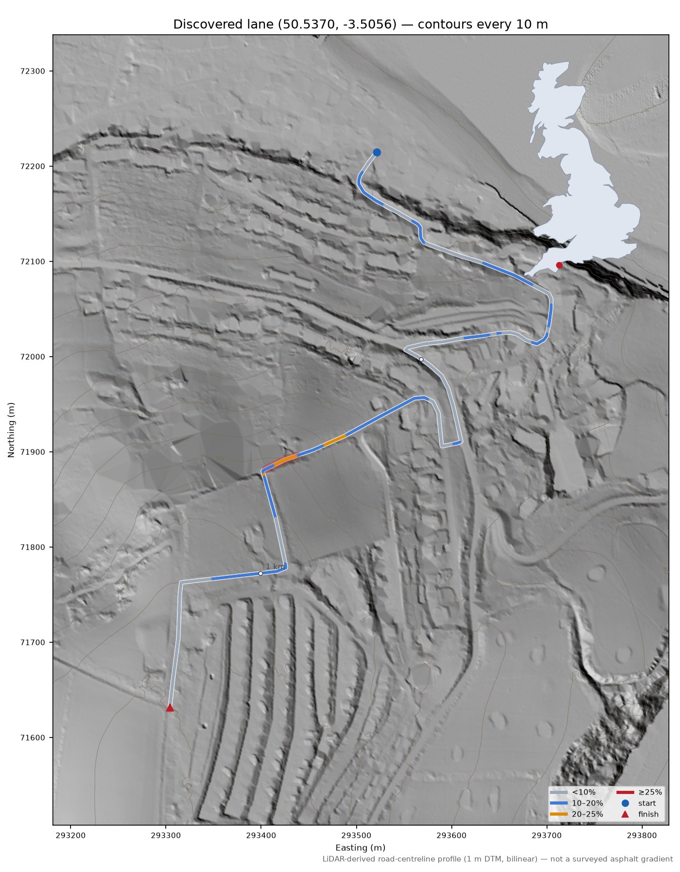 Discovered lane (50.5370, -3.5056) LiDAR hillshade map with contours