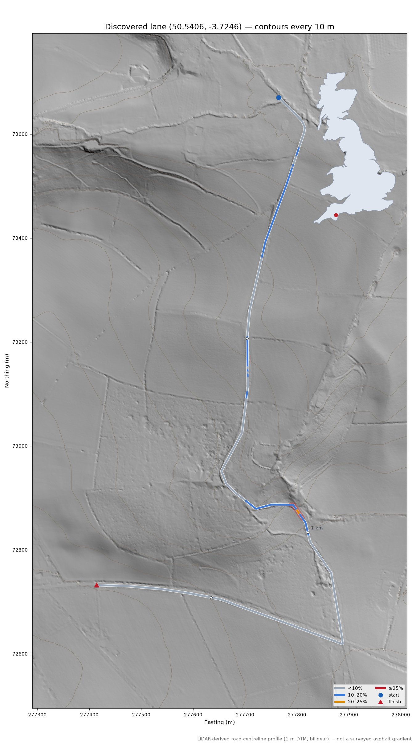 Discovered lane (50.5406, -3.7246) LiDAR hillshade map with contours
