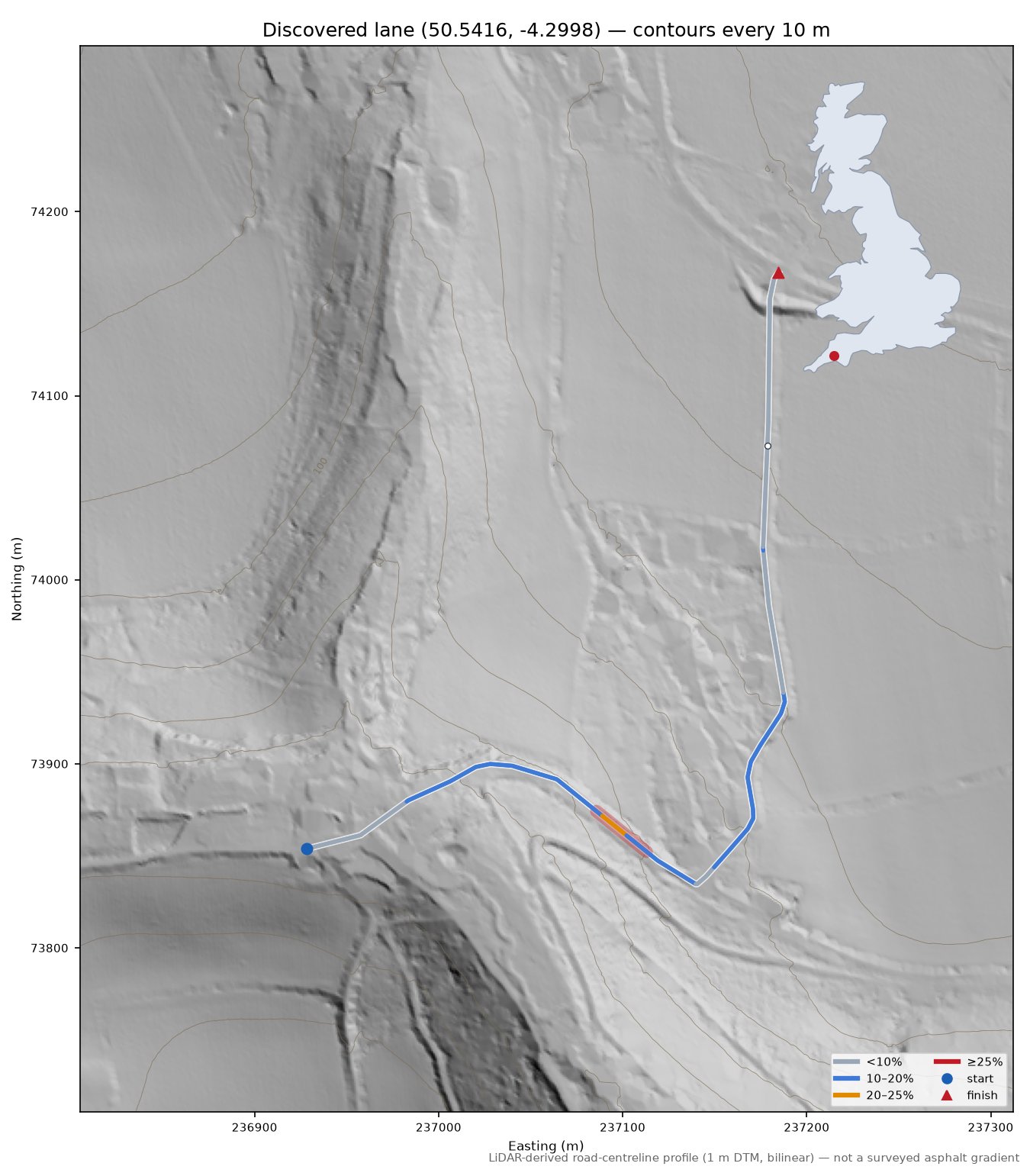 Discovered lane (50.5416, -4.2998) LiDAR hillshade map with contours
