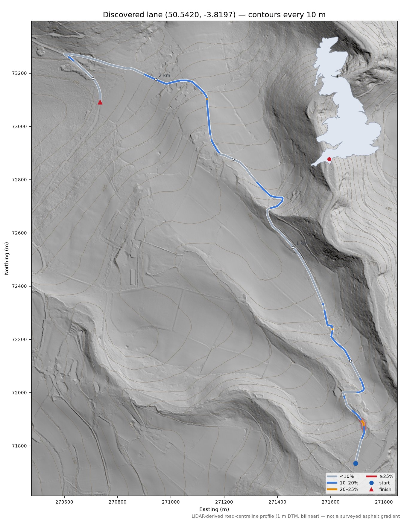 Discovered lane (50.5420, -3.8197) LiDAR hillshade map with contours