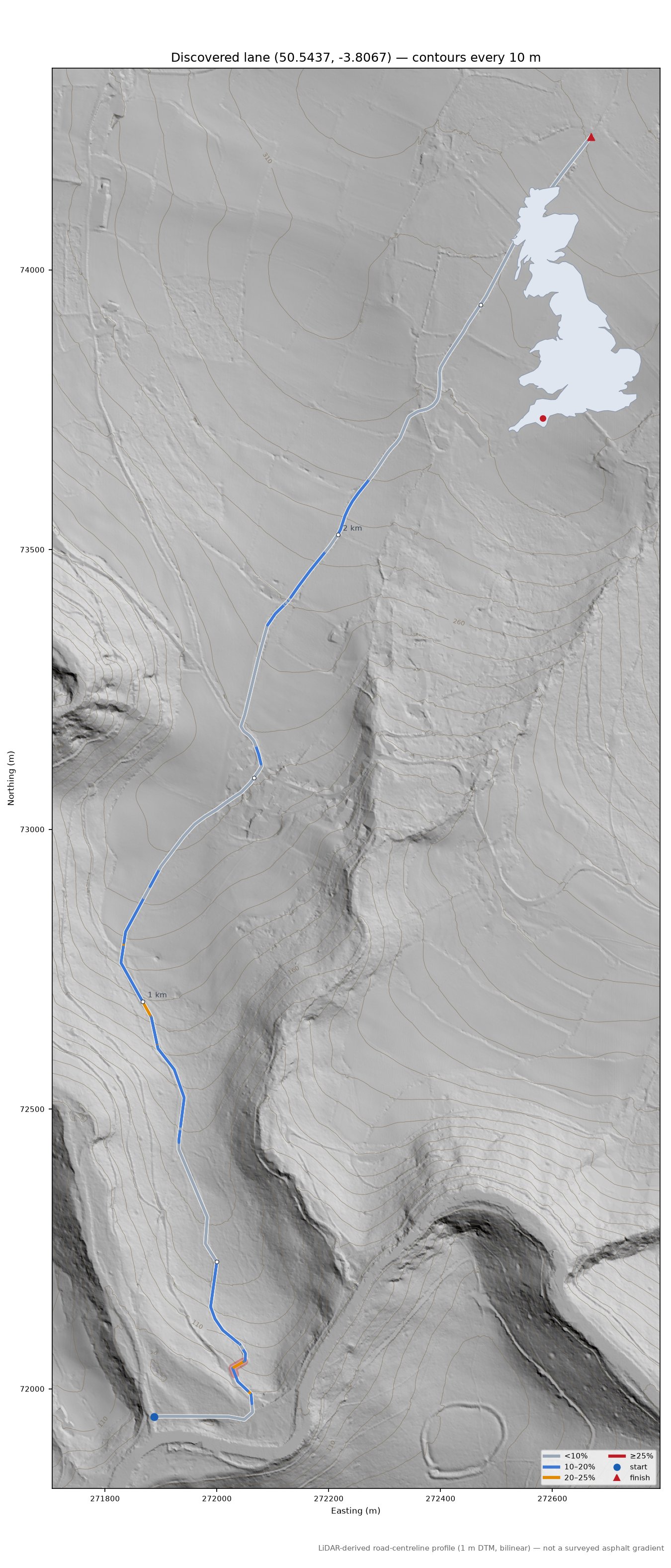Discovered lane (50.5437, -3.8067) LiDAR hillshade map with contours