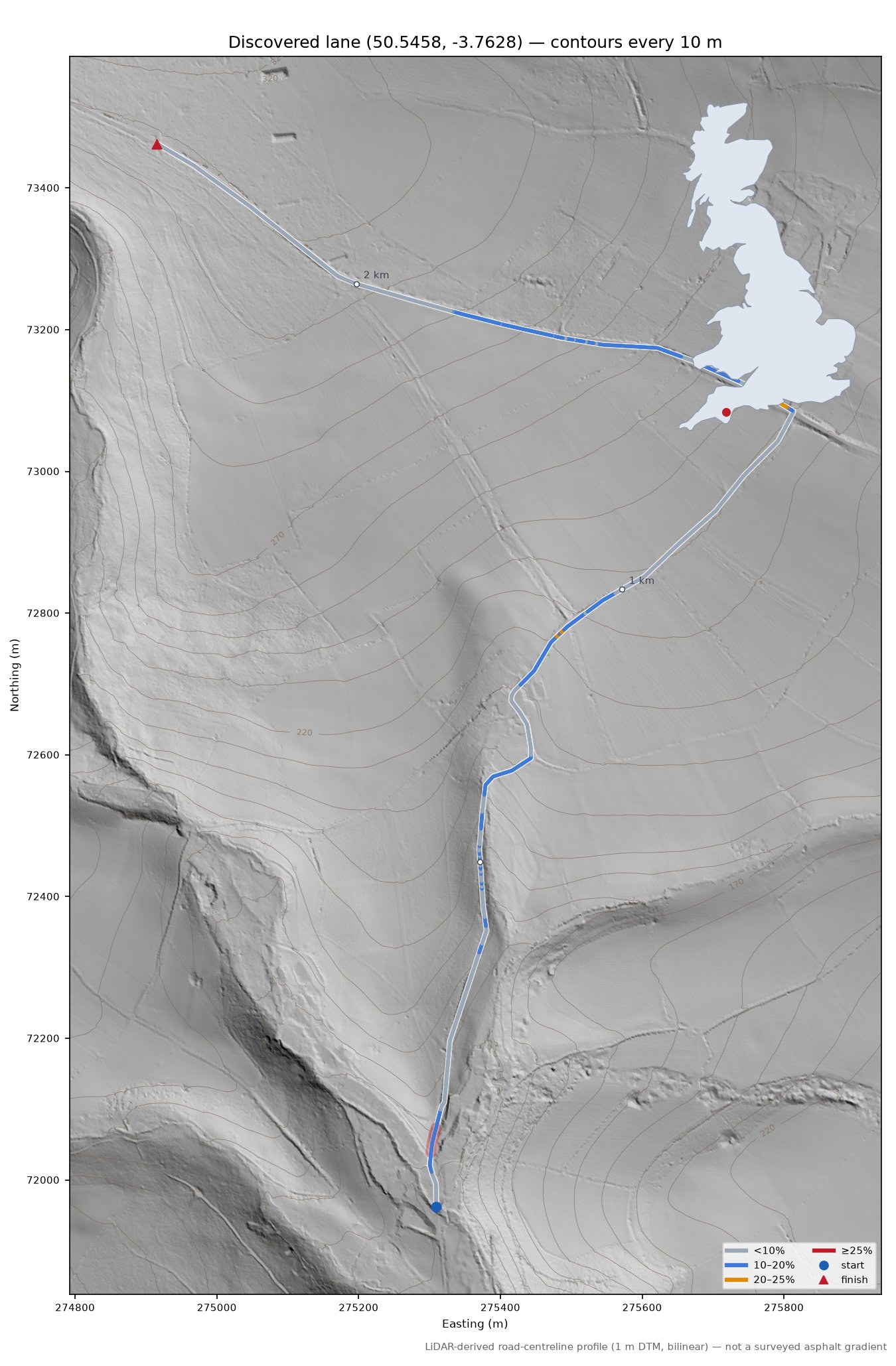 Discovered lane (50.5458, -3.7628) LiDAR hillshade map with contours