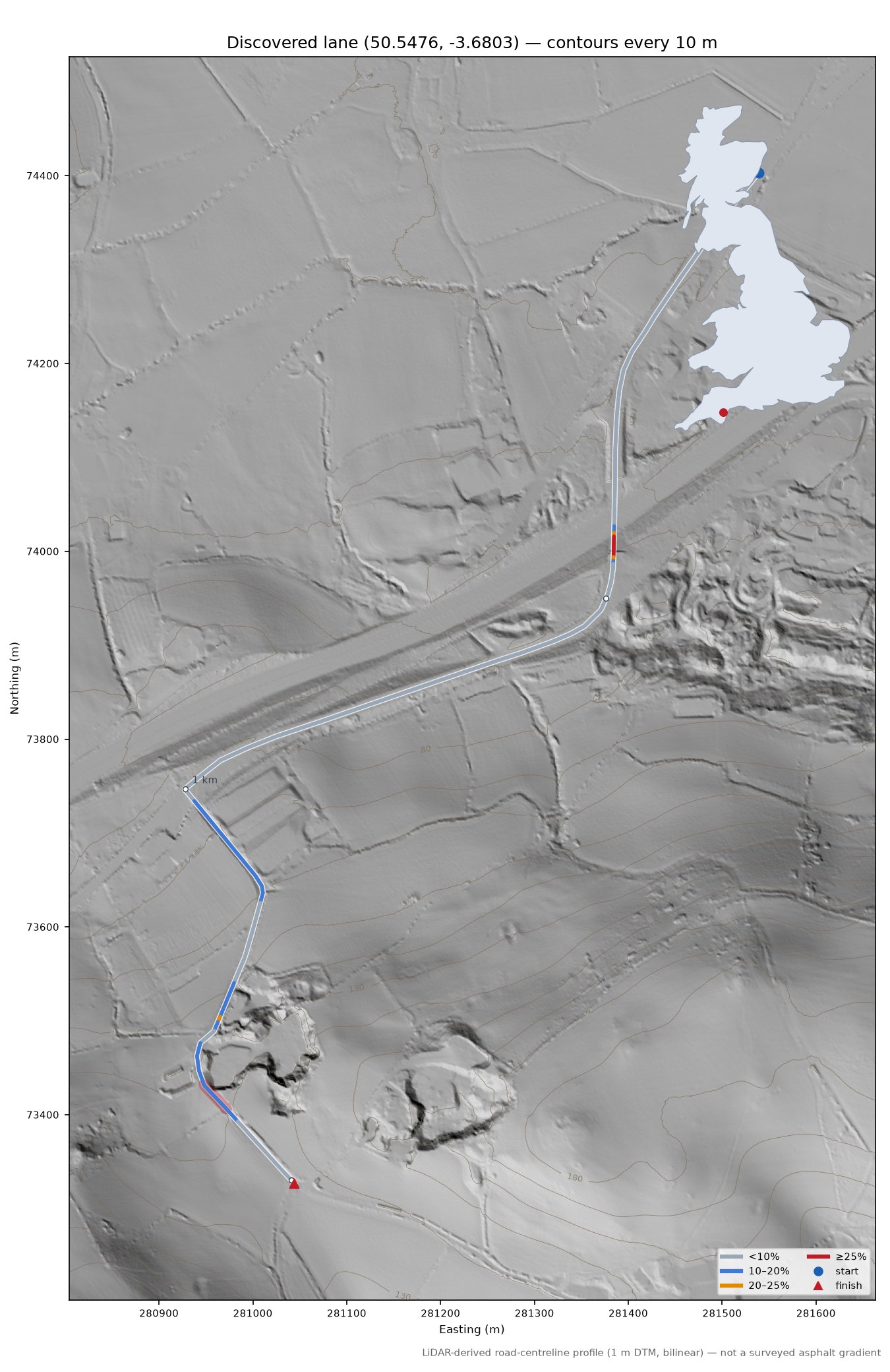 Discovered lane (50.5476, -3.6803) LiDAR hillshade map with contours