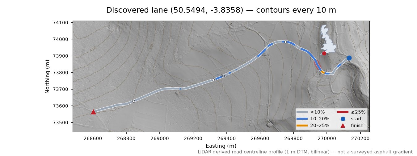 Discovered lane (50.5494, -3.8358) LiDAR hillshade map with contours