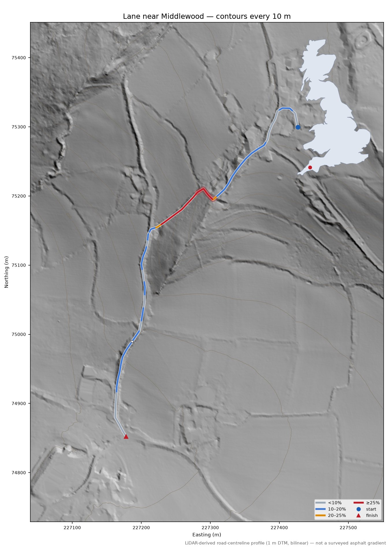 Lane near Middlewood LiDAR hillshade map with contours