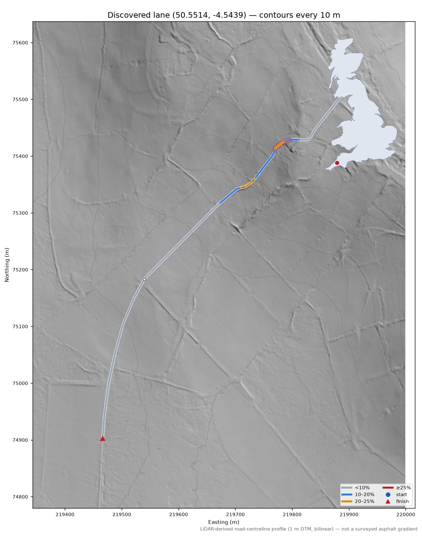 Discovered lane (50.5514, -4.5439) LiDAR hillshade map with contours