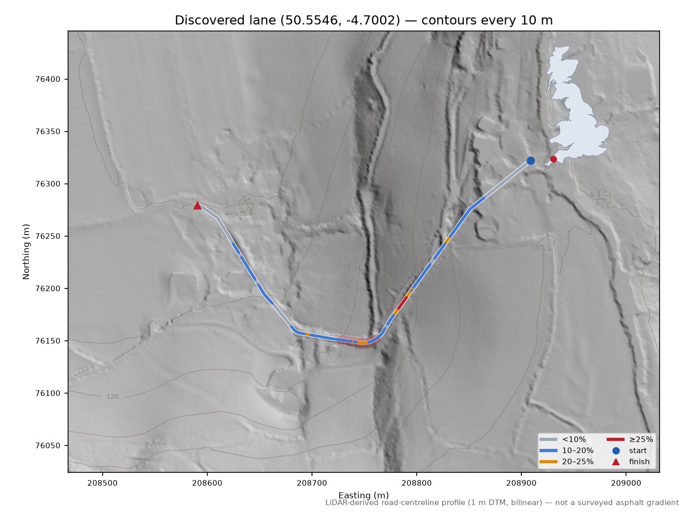 Discovered lane (50.5546, -4.7002) LiDAR hillshade map with contours