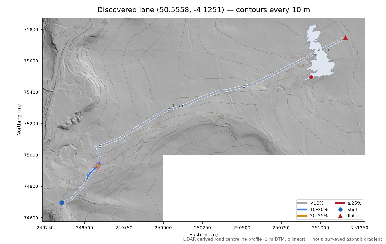 Discovered lane (50.5558, -4.1251) LiDAR hillshade map with contours