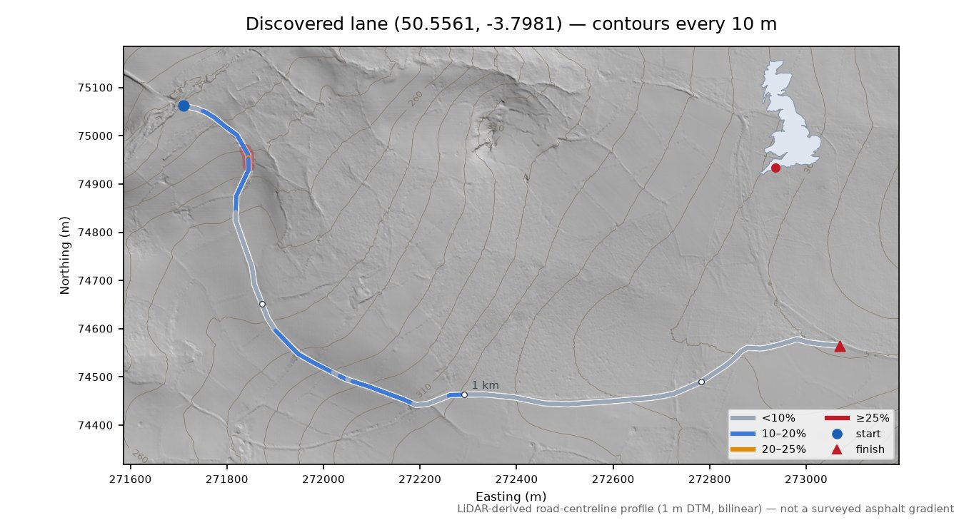 Discovered lane (50.5561, -3.7981) LiDAR hillshade map with contours