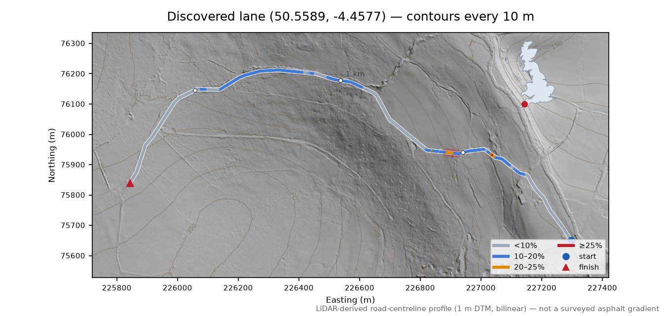 Discovered lane (50.5589, -4.4577) LiDAR hillshade map with contours