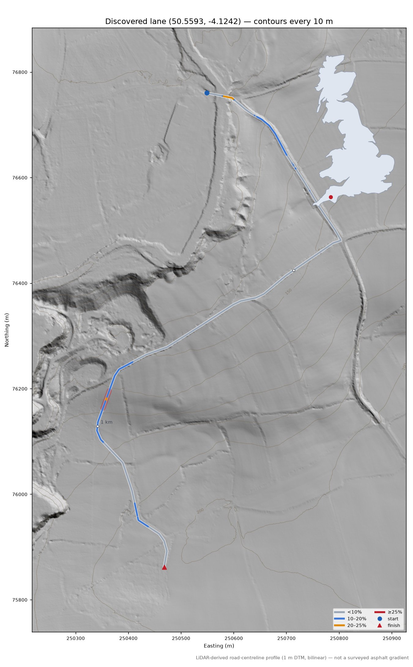 Discovered lane (50.5593, -4.1242) LiDAR hillshade map with contours