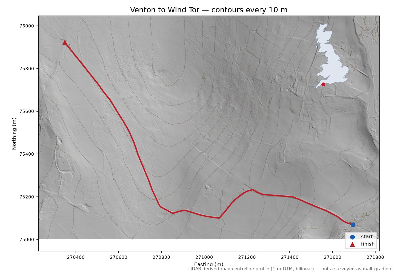 Venton to Wind Tor LiDAR hillshade map with contours