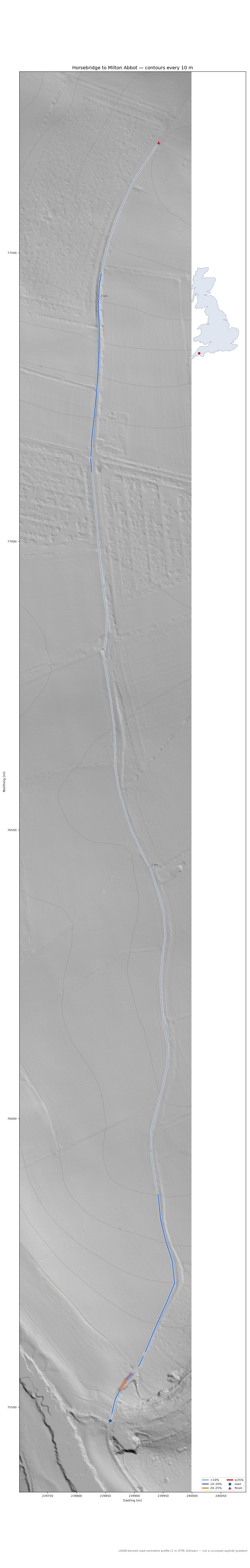 Horsebridge to Milton Abbot LiDAR hillshade map with contours