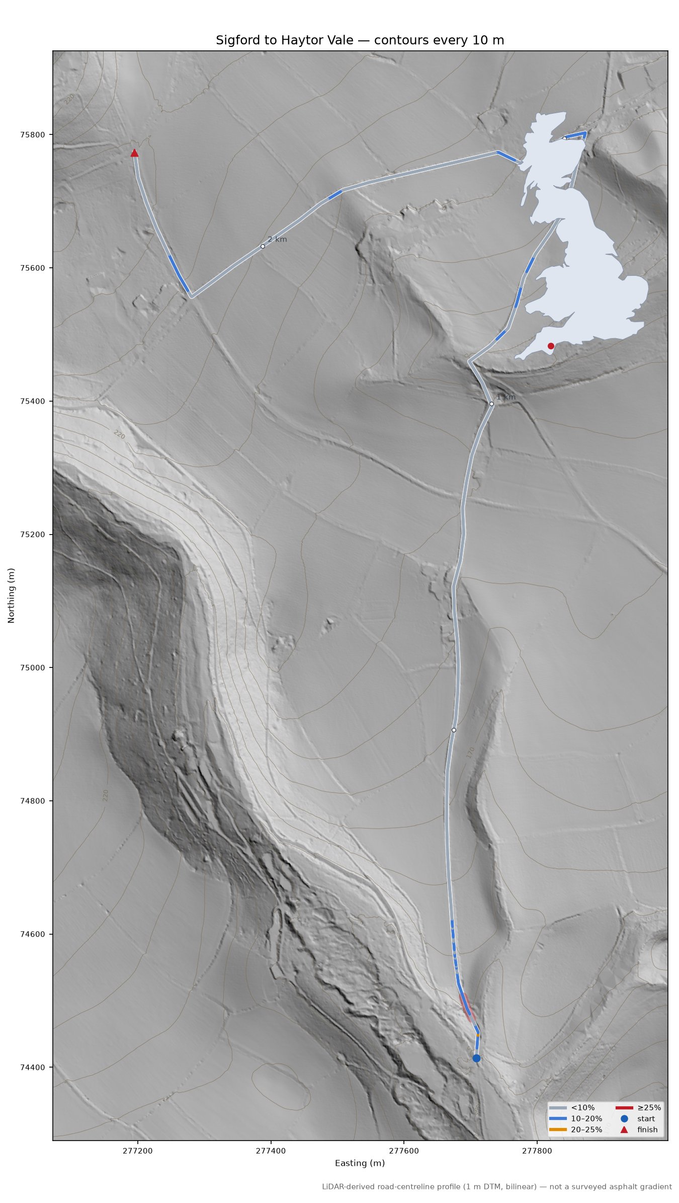 Sigford to Haytor Vale LiDAR hillshade map with contours