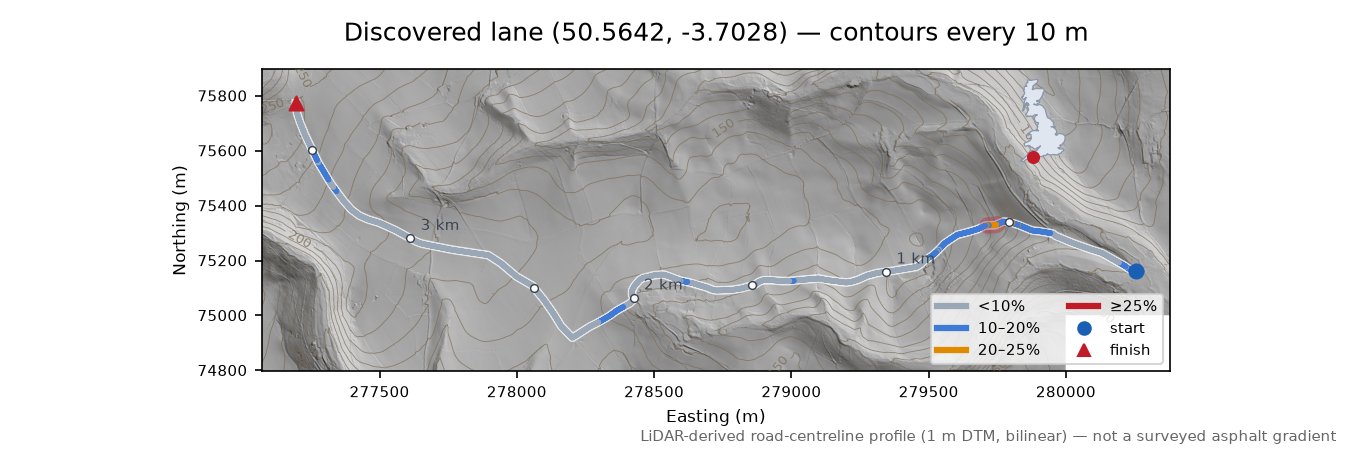 Discovered lane (50.5642, -3.7028) LiDAR hillshade map with contours