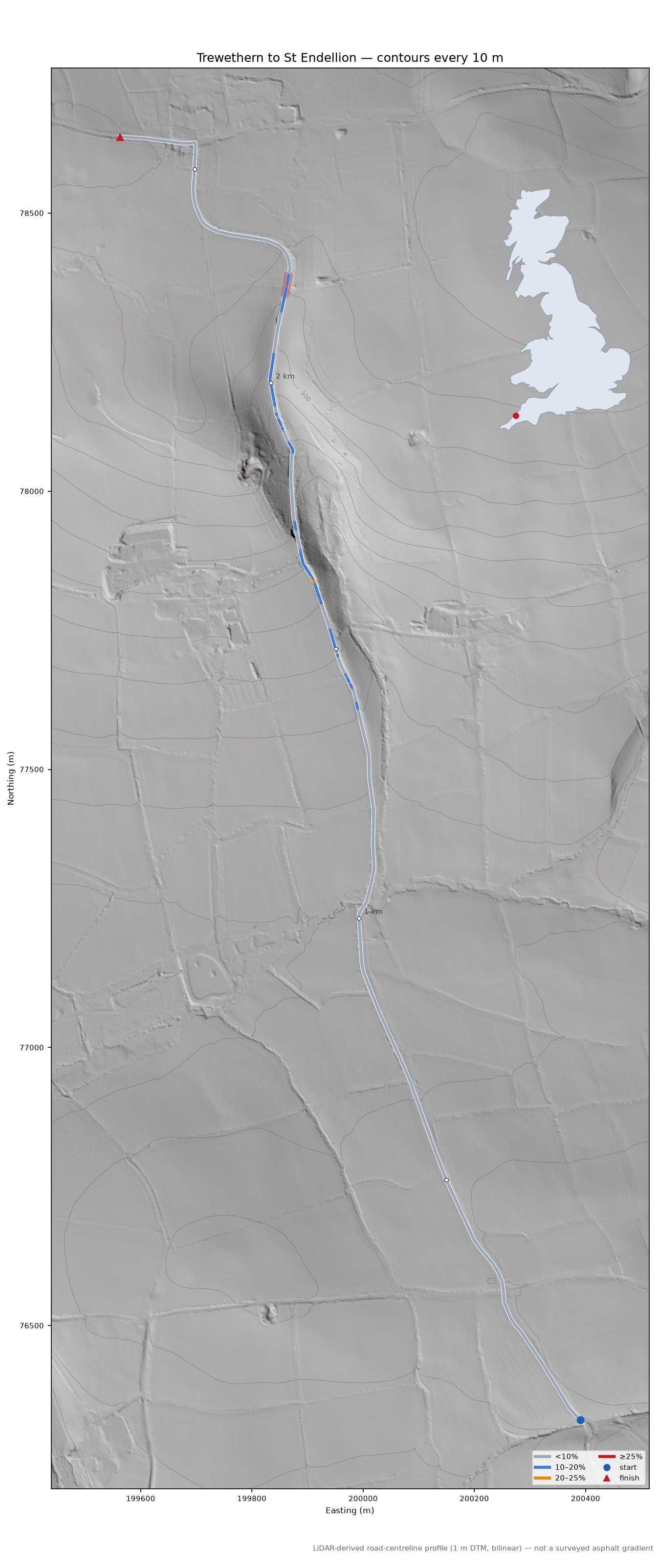 Trewethern to St Endellion LiDAR hillshade map with contours