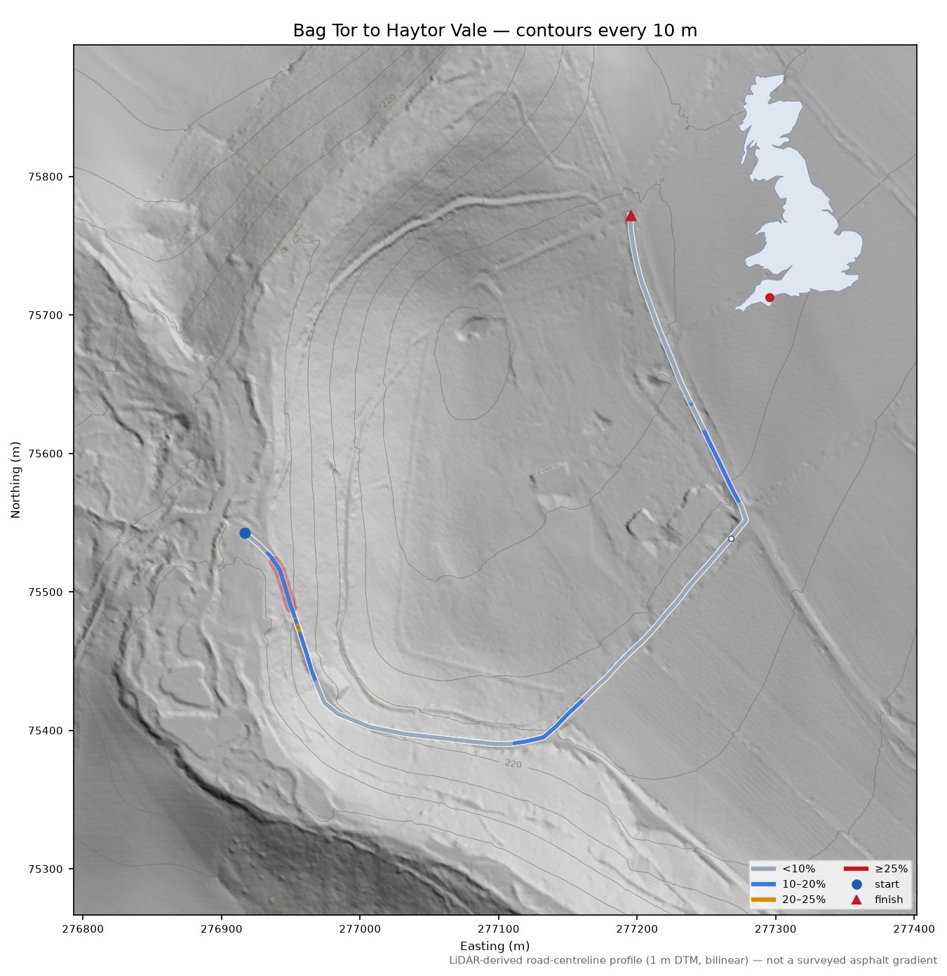 Bag Tor to Haytor Vale LiDAR hillshade map with contours
