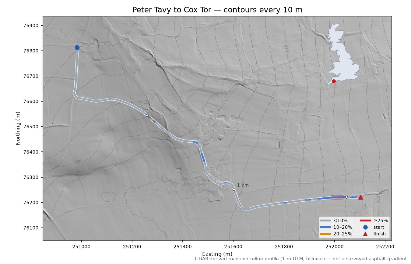Peter Tavy to Cox Tor LiDAR hillshade map with contours