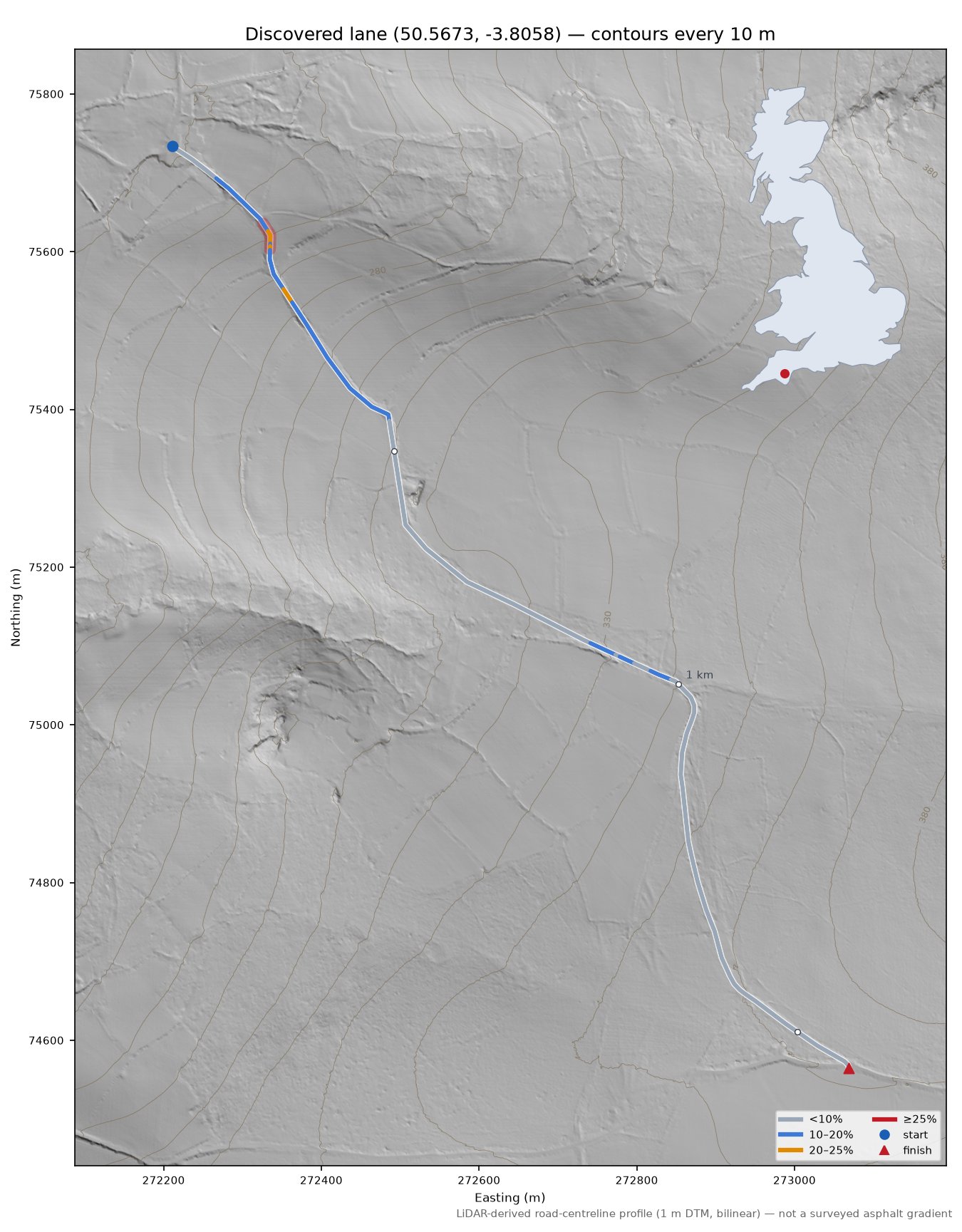 Discovered lane (50.5673, -3.8058) LiDAR hillshade map with contours