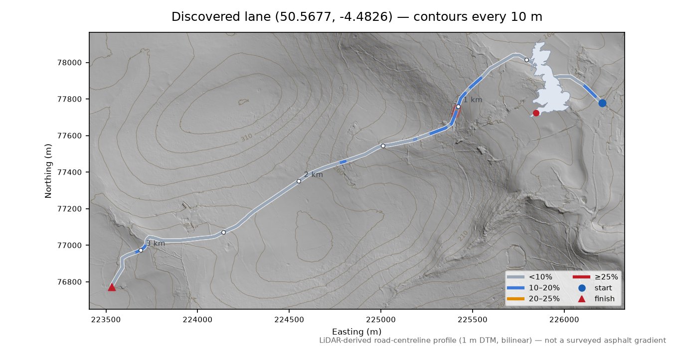 Discovered lane (50.5677, -4.4826) LiDAR hillshade map with contours