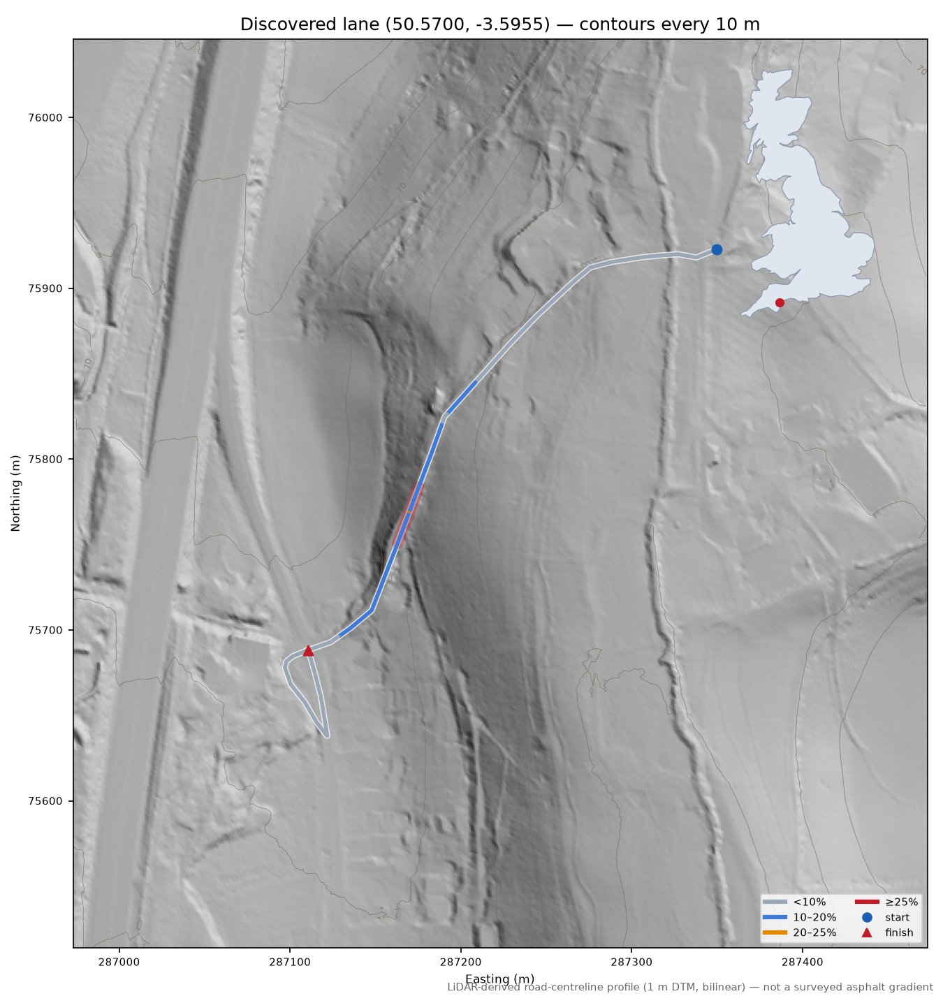 Discovered lane (50.5700, -3.5955) LiDAR hillshade map with contours