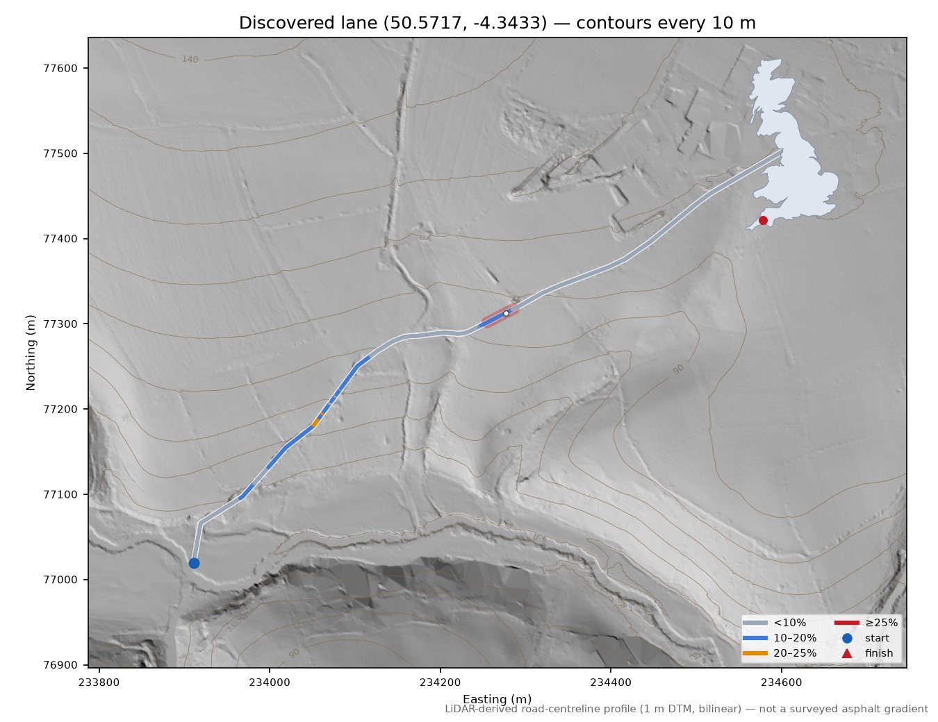 Discovered lane (50.5717, -4.3433) LiDAR hillshade map with contours