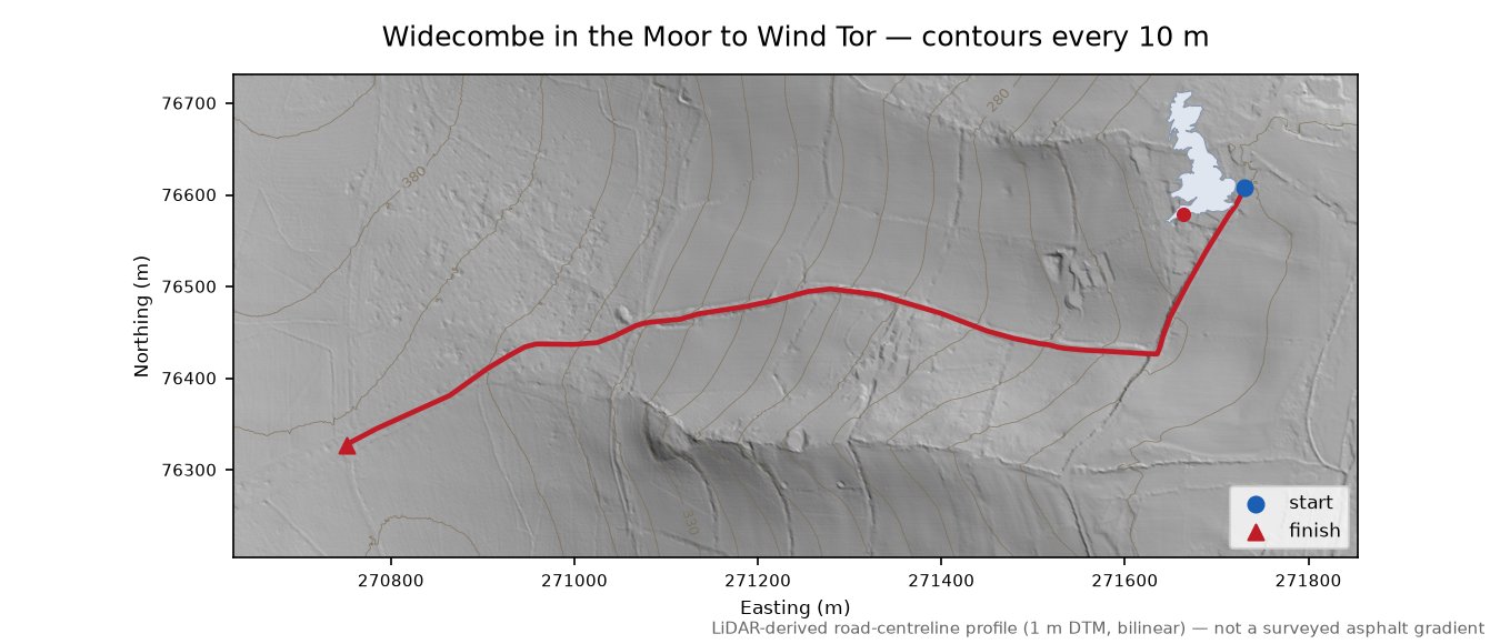 Widecombe in the Moor to Wind Tor LiDAR hillshade map with contours