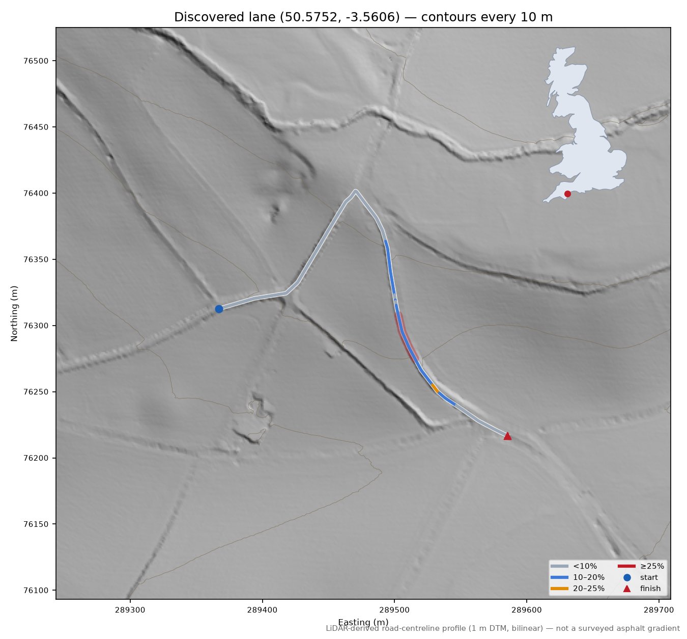 Discovered lane (50.5752, -3.5606) LiDAR hillshade map with contours