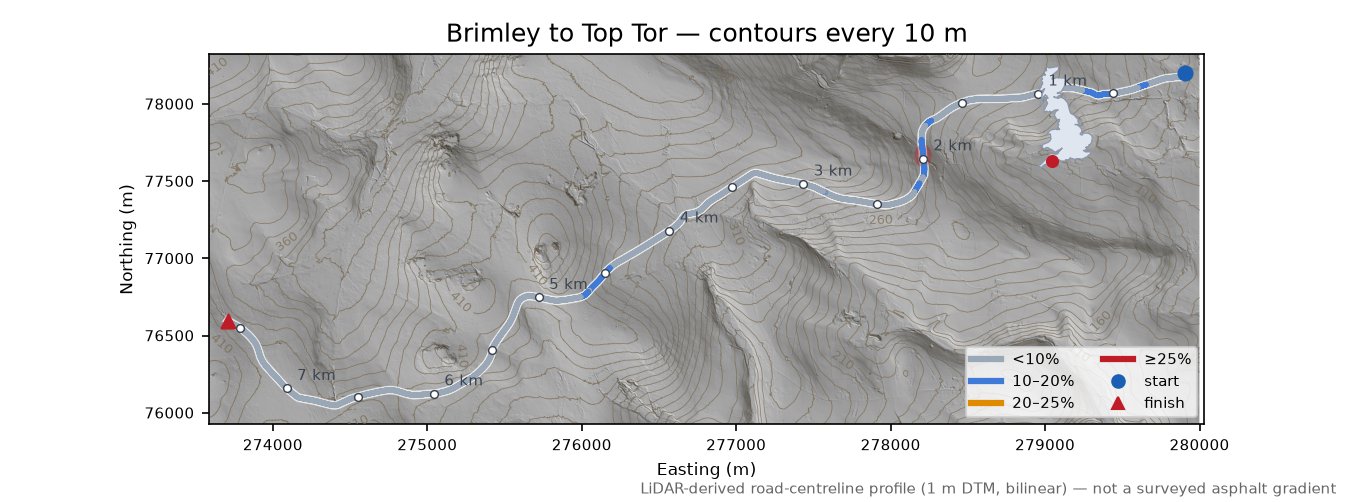 Brimley to Top Tor LiDAR hillshade map with contours