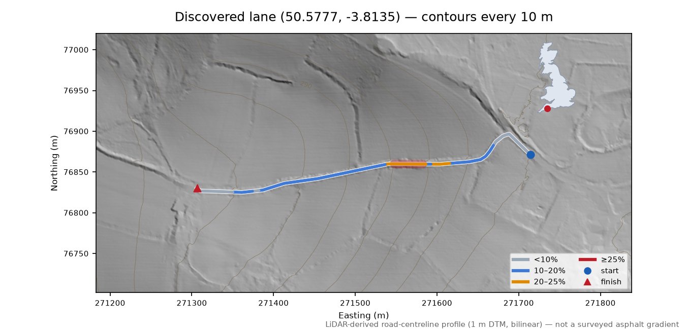 Discovered lane (50.5777, -3.8135) LiDAR hillshade map with contours