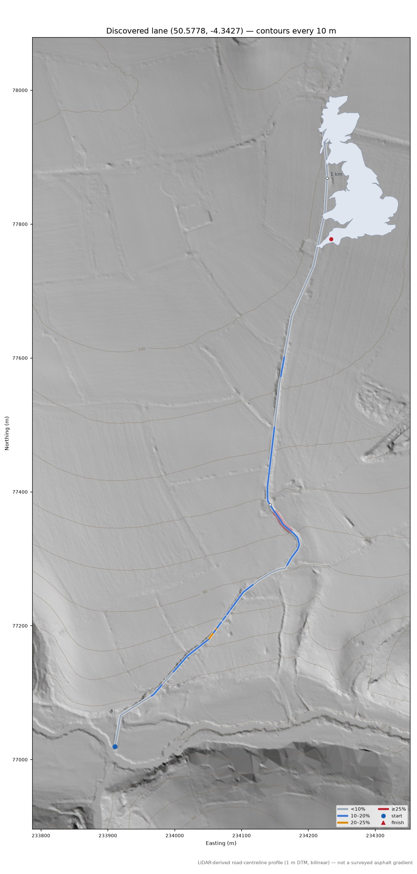Discovered lane (50.5778, -4.3427) LiDAR hillshade map with contours