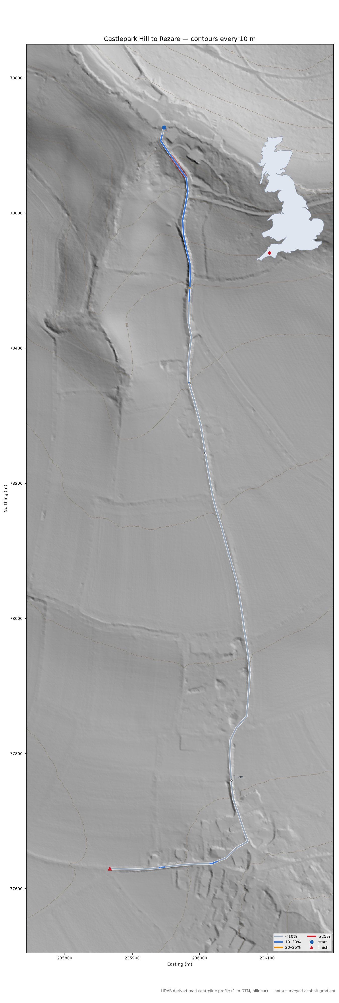 Castlepark Hill to Rezare LiDAR hillshade map with contours