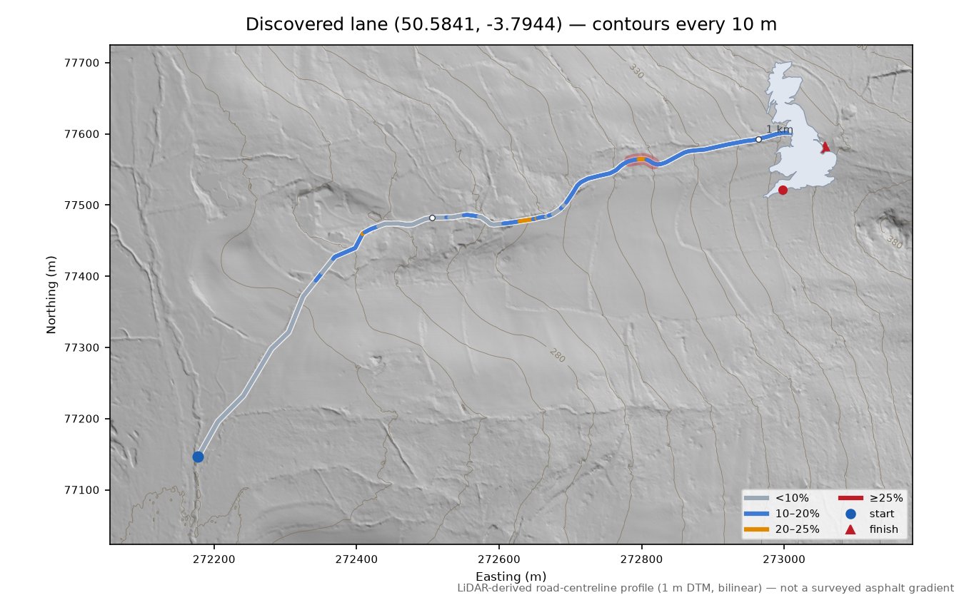 Discovered lane (50.5841, -3.7944) LiDAR hillshade map with contours