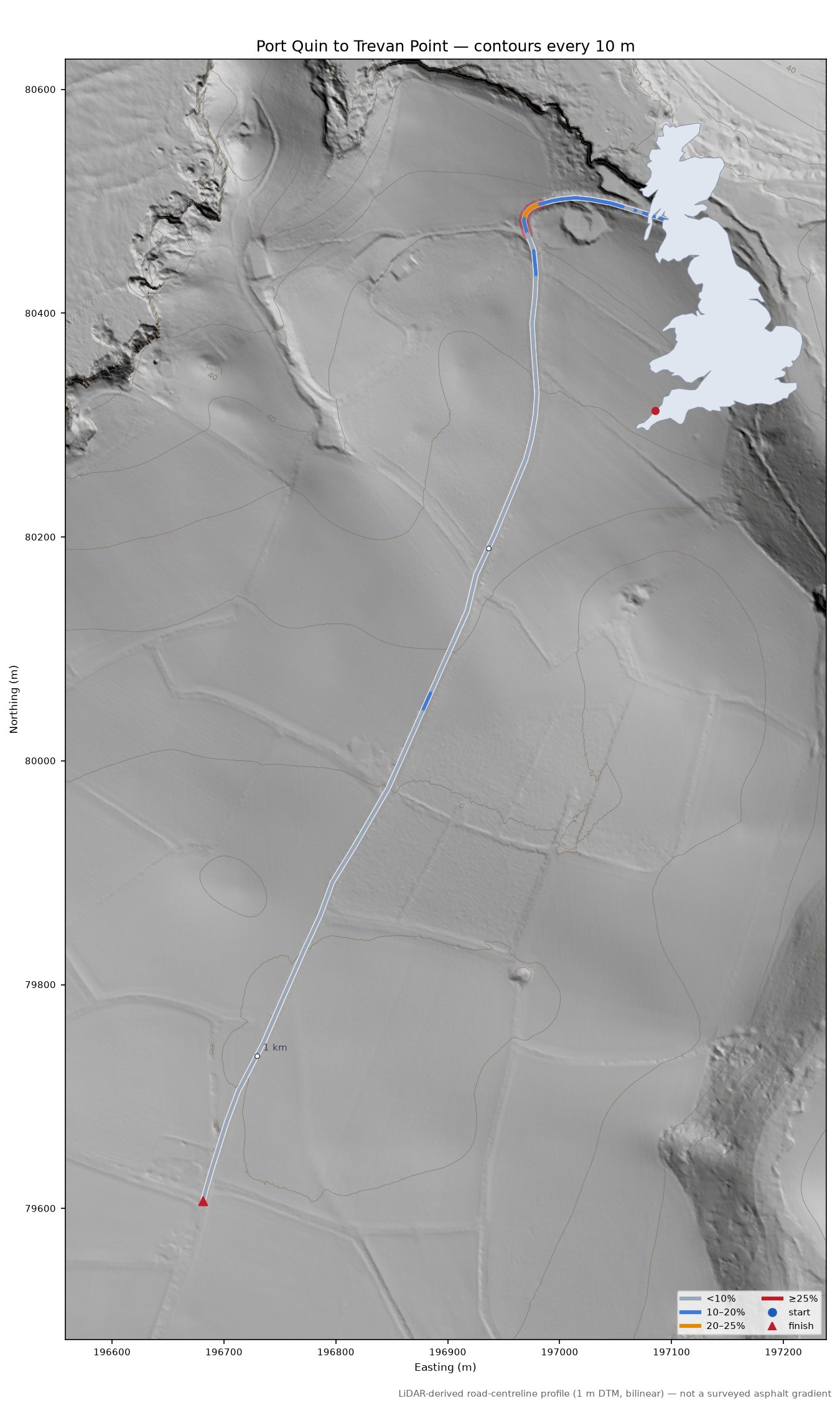 Port Quin to Trevan Point LiDAR hillshade map with contours