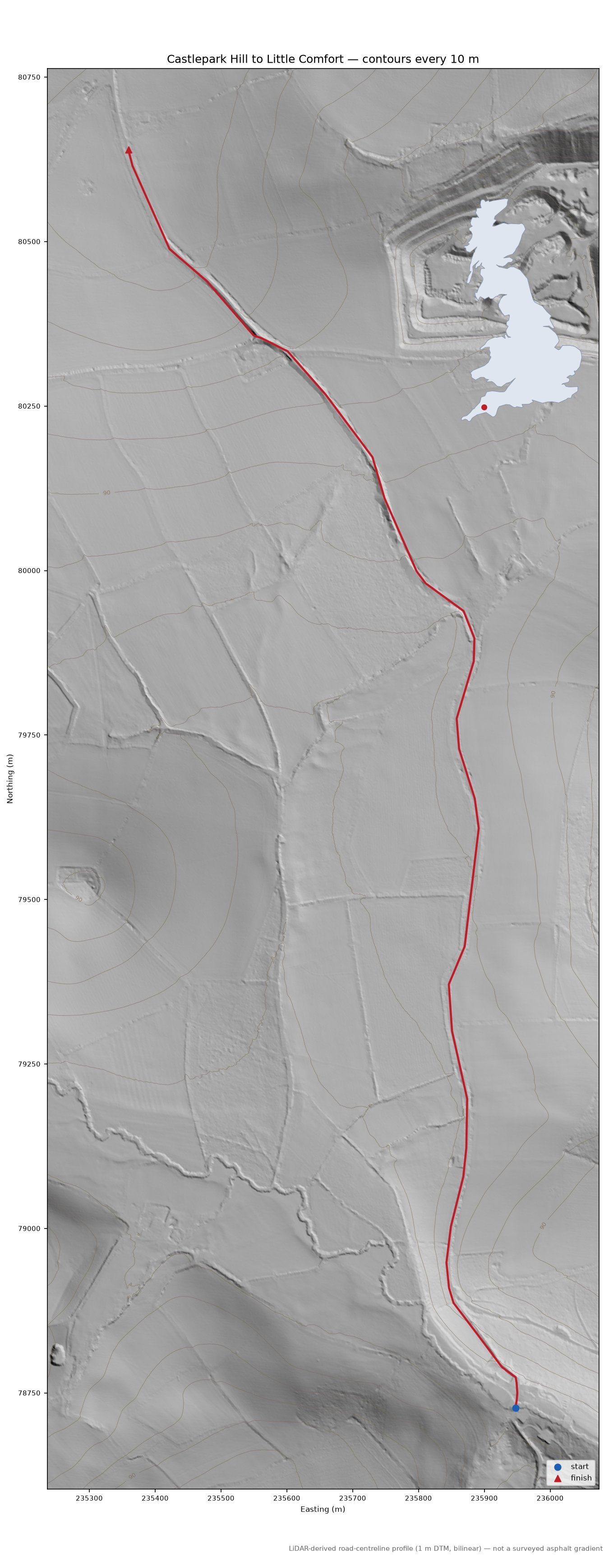 Castlepark Hill to Little Comfort LiDAR hillshade map with contours