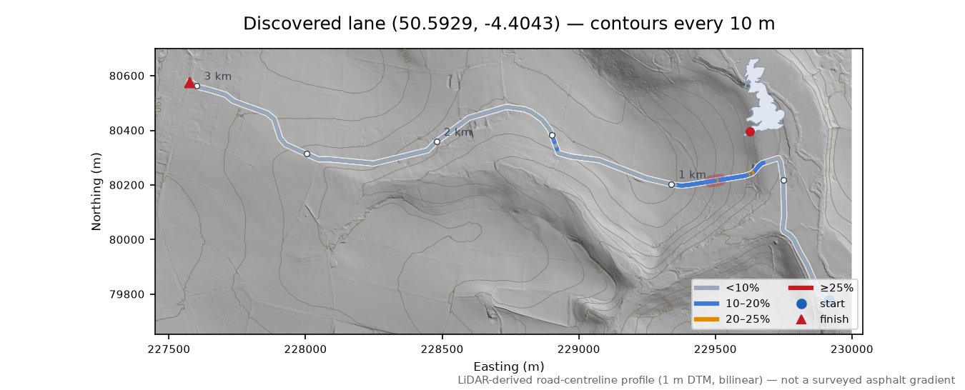 Discovered lane (50.5929, -4.4043) LiDAR hillshade map with contours