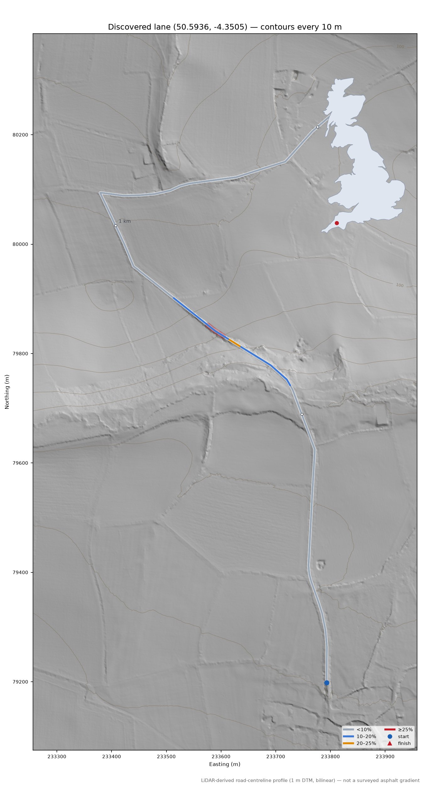 Discovered lane (50.5936, -4.3505) LiDAR hillshade map with contours