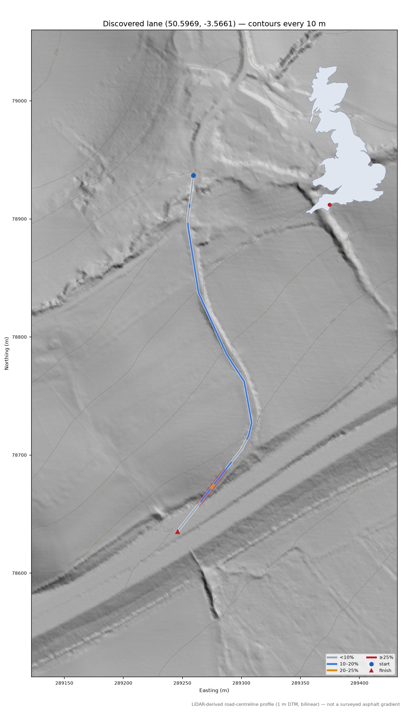 Discovered lane (50.5969, -3.5661) LiDAR hillshade map with contours