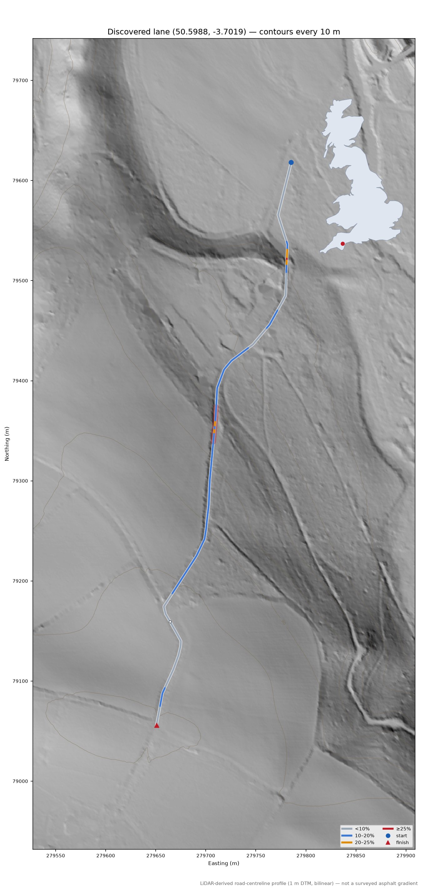 Discovered lane (50.5988, -3.7019) LiDAR hillshade map with contours