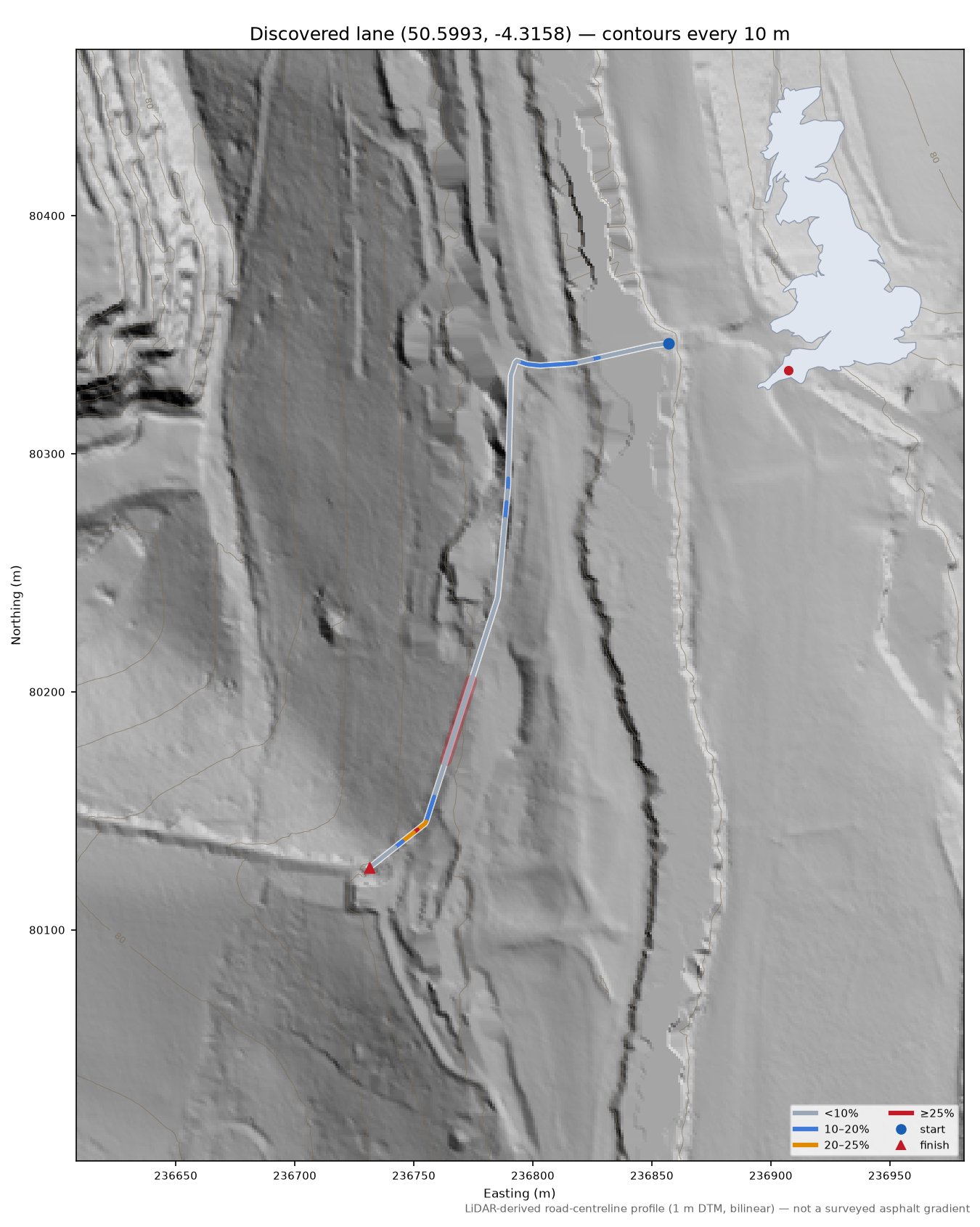 Discovered lane (50.5993, -4.3158) LiDAR hillshade map with contours