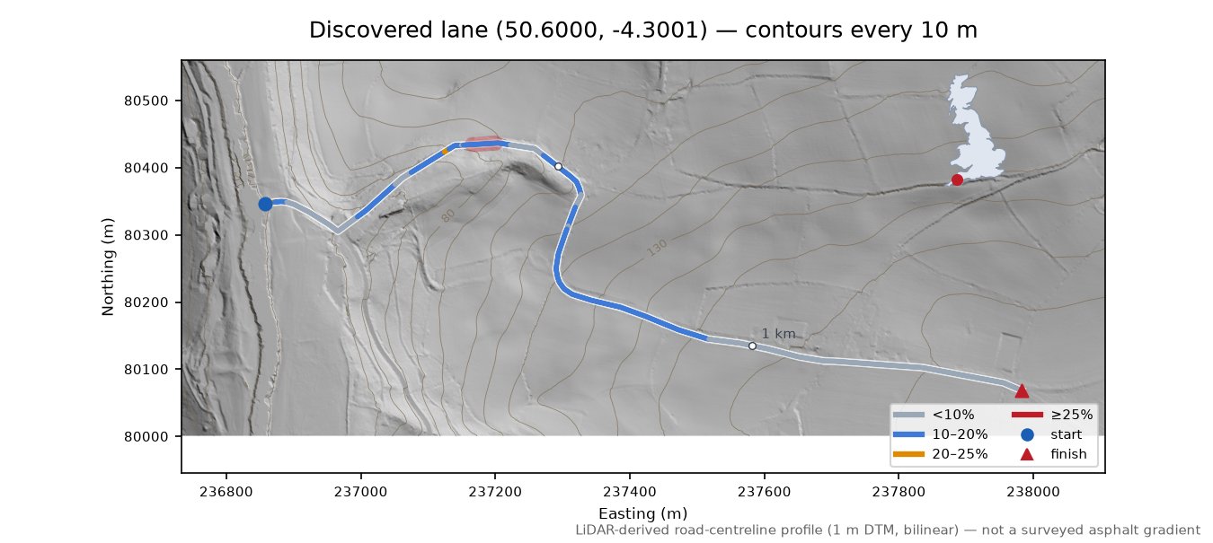 Discovered lane (50.6000, -4.3001) LiDAR hillshade map with contours