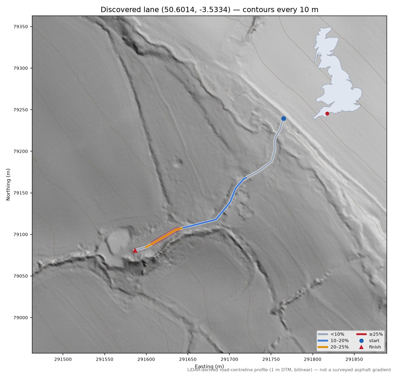 Discovered lane (50.6014, -3.5334) LiDAR hillshade map with contours