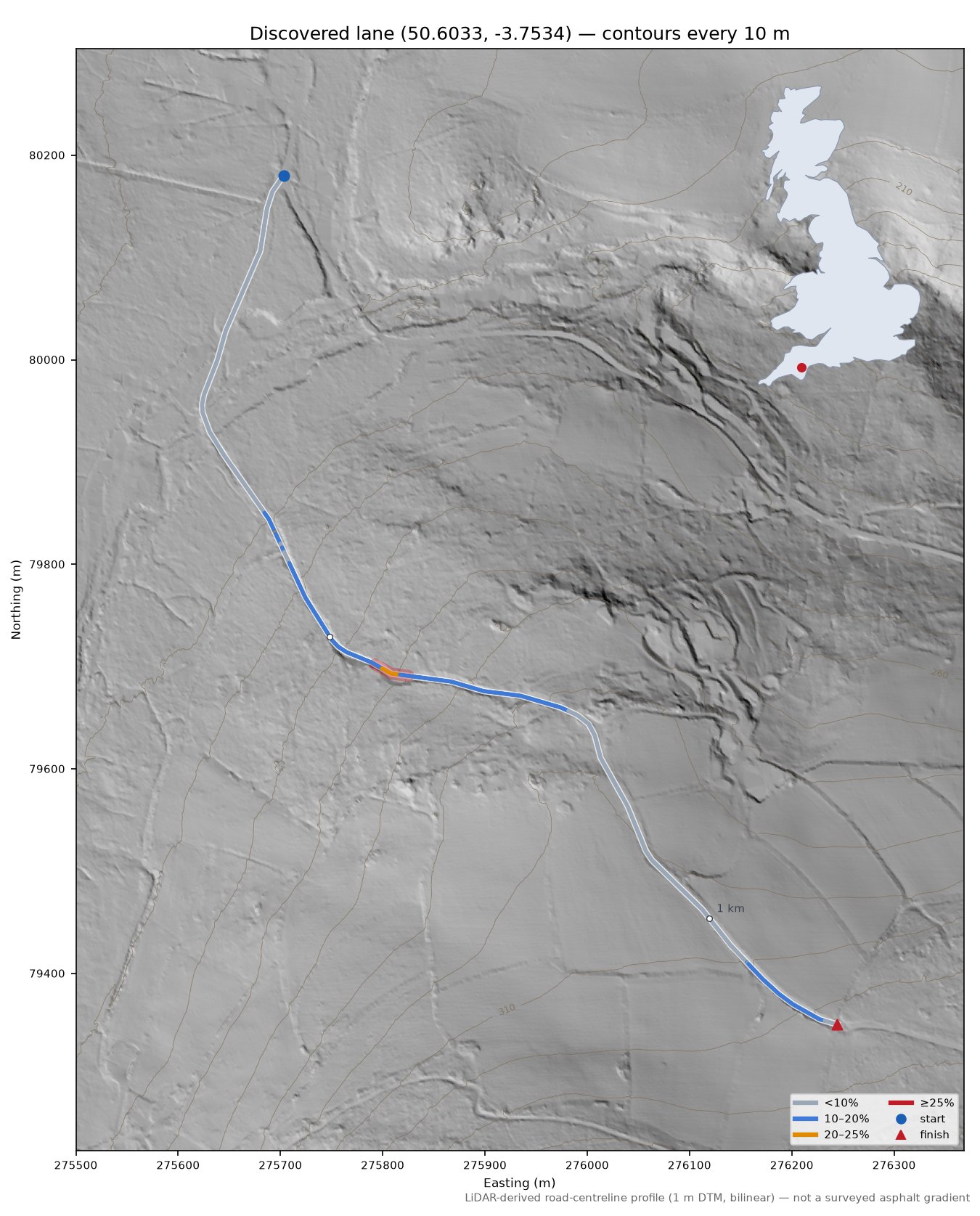 Discovered lane (50.6033, -3.7534) LiDAR hillshade map with contours