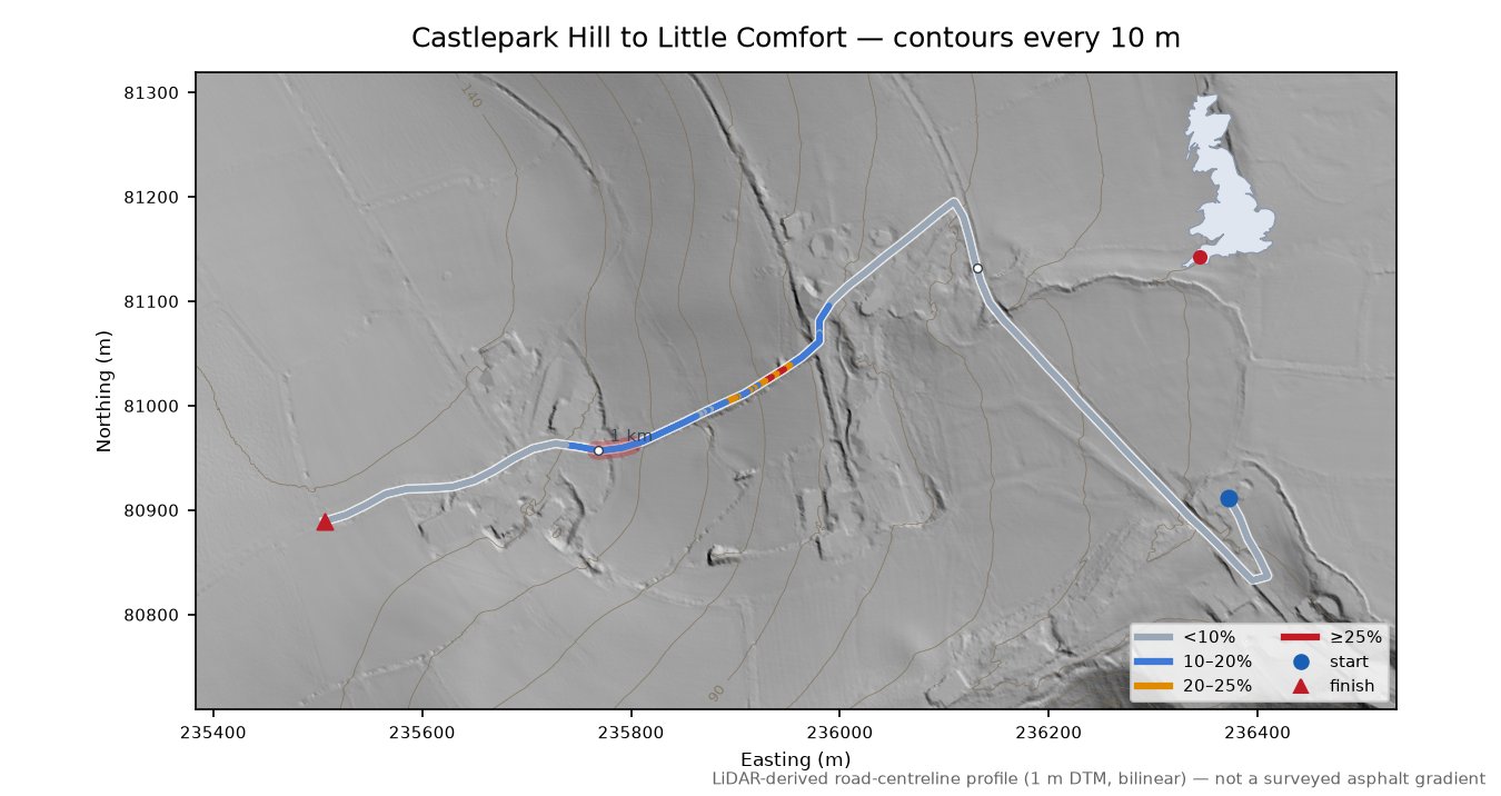 Castlepark Hill to Little Comfort LiDAR hillshade map with contours
