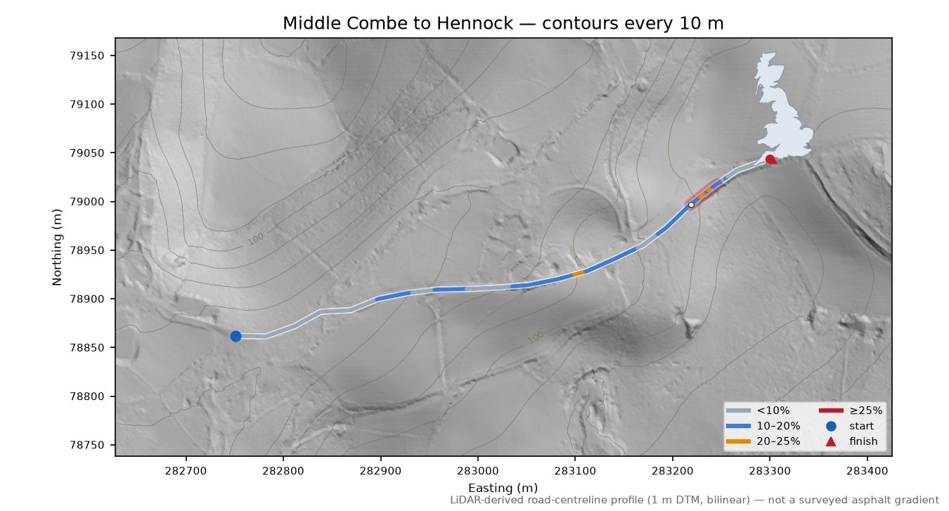Middle Combe to Hennock LiDAR hillshade map with contours