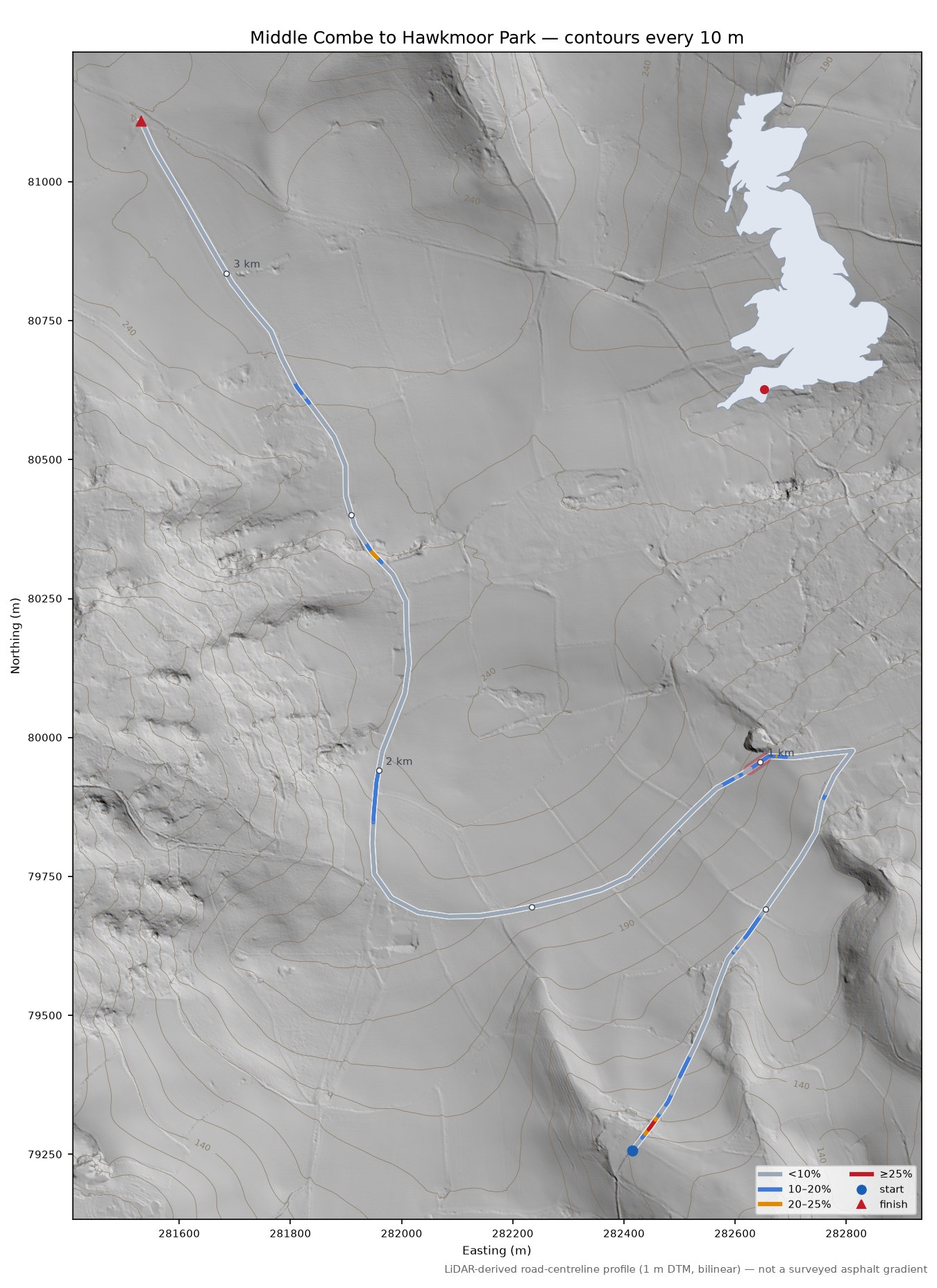 Middle Combe to Hawkmoor Park LiDAR hillshade map with contours