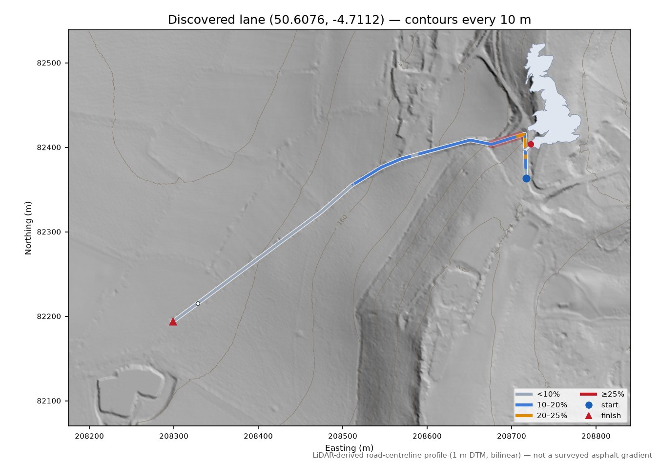 Discovered lane (50.6076, -4.7112) LiDAR hillshade map with contours