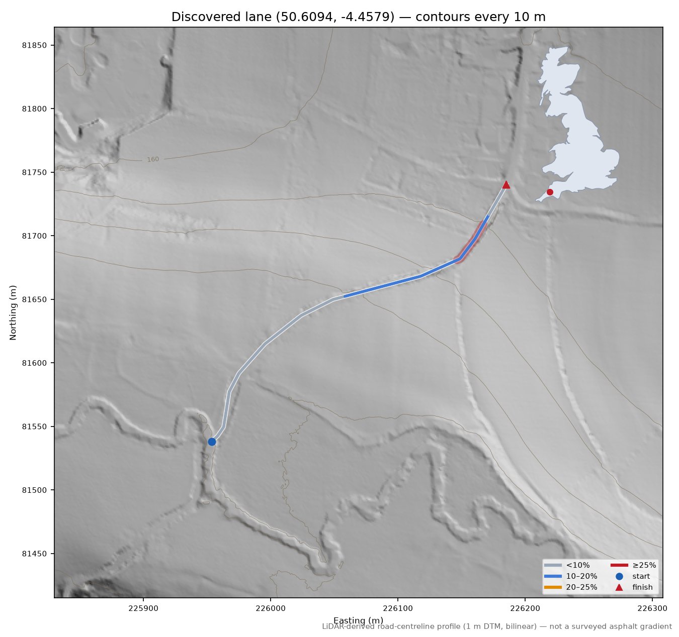 Discovered lane (50.6094, -4.4579) LiDAR hillshade map with contours